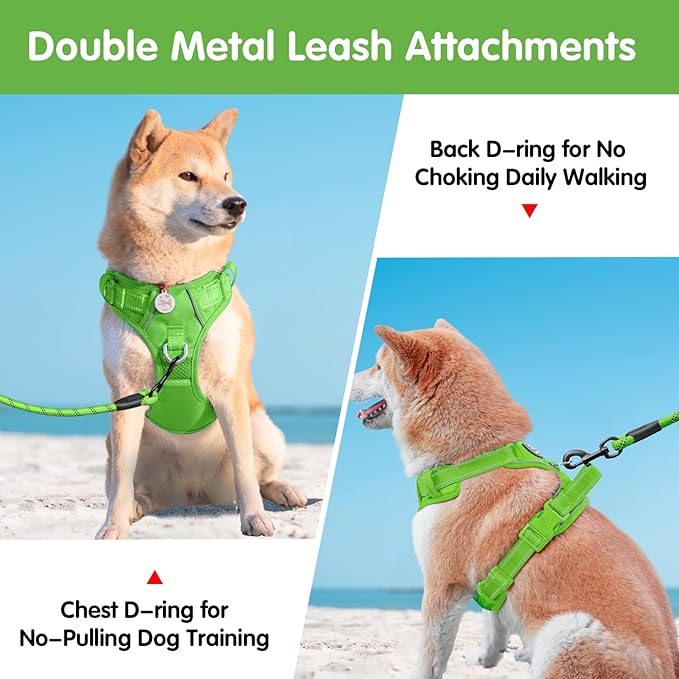 PoyPet No Pull Dog Harness and 5 Feet Leash Set, Release on Neck Reflective Adjustable Pet Vest, Front & Back 2 D-Ring and Soft Padded Pet Harness with Handle for Small to Large Dogs(Green,L)