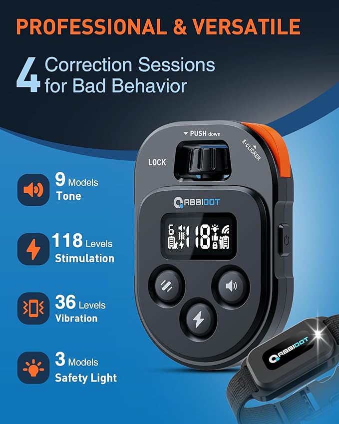 ABBIDOT Dog Shock Collar, 4500FT Dog Training Collar with Remote，IPX7 Waterproof Rating，6 Training Modes (Beep, Vibration, Safe Shock), Enhanced Night Light, Rechargeable E-Collar for Dogs 10-130 lbs