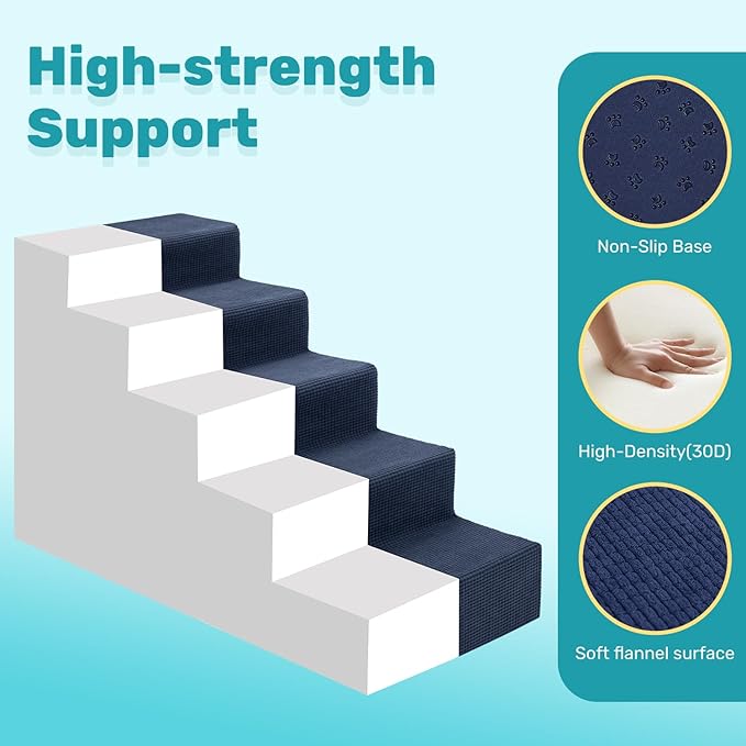 Dog Stairs for Bed, Extra Wide 5-Step Dog Steps for High Bed, High-Density Foam Pet Stairs with Non-Slip Removable Washable Cover for Small Pets, 23" H, Navy