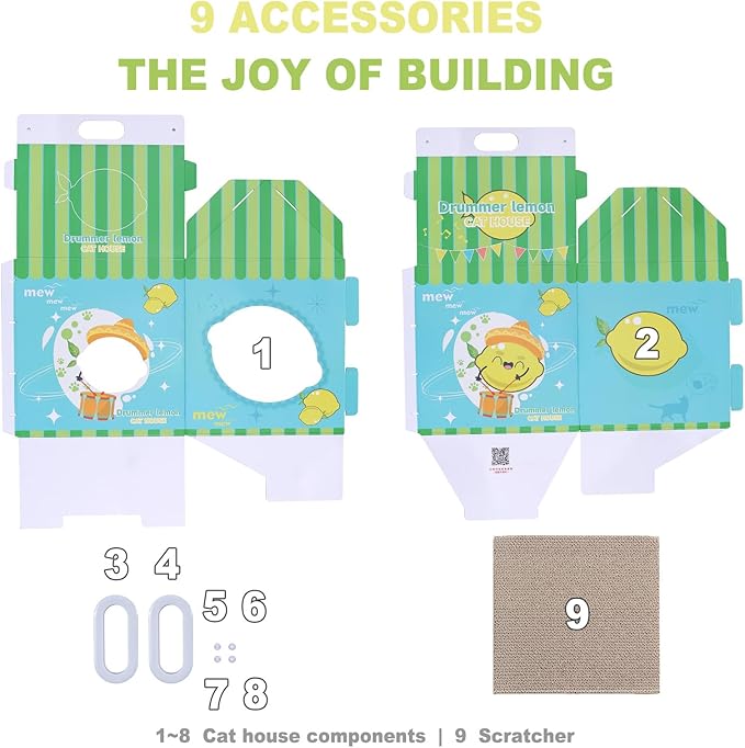 Cardboard Cat House with Scratcher – Blue Lemon Milk Carton Design, 22.5''H x 13''L x 13''W, Indoor Cat Playhouse & Hideout for Cats up to 16 lbs, Portable Handle, Corrugated Scratch Pad