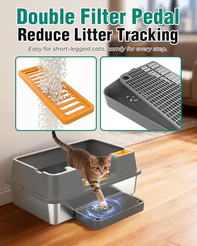 OROLEY Extra-Large Stainless Steel Cat Litter Box Features a Covered Design, High Sides to Prevent Litter from Spilling, an Easy-to-Clean Non-Stick Surface, and Includes a Raised Platform (Dark Gray)