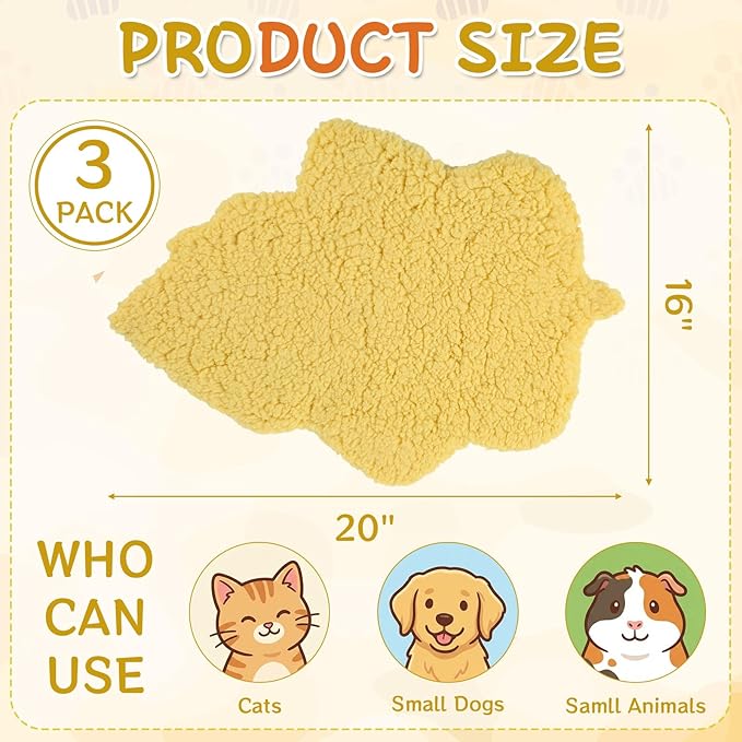 3 Pack Self Warming Cat Dog Bed Leaf Shape Self Heating Pet Mat Non Electric Washable Thermal Sleeping Pad Plush Heated Pet Mat for Crate Floor Indoor Outdoor(Light Yellow,Small-16 x20)