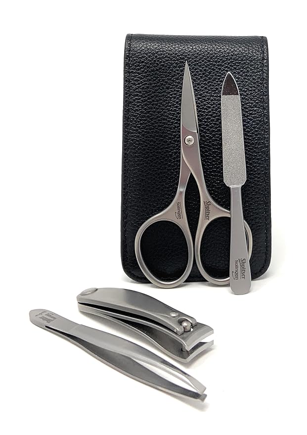 Shpitser Manicure and Pedicure Set of 4 Surgical Stainless Steel Instruments, Made in Solingen, Germany, Luxury Topinox Grooming Kit In Full Grain Nappa Leather Case (Black)