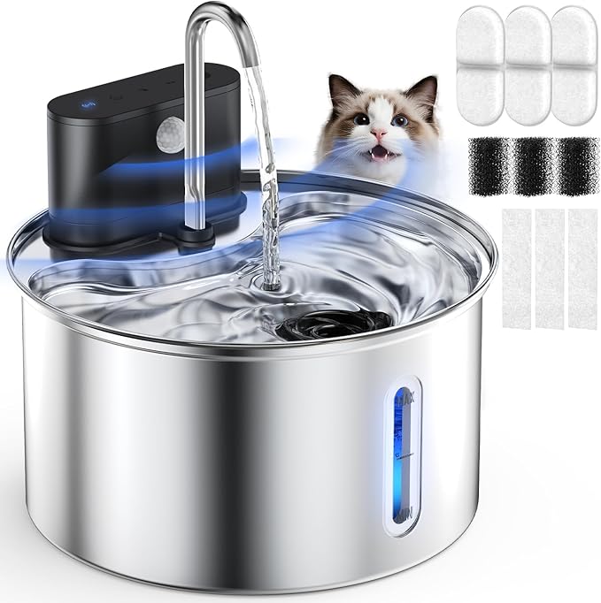 Cat Water Fountain Wireless Stainless Steel with Sensor 3.5L/118oz Battery Operated Rechargeable Automatic Water Dispenser Quiet Pump for Drinking Indoor, Easy Clean for Cats Dogs Pets