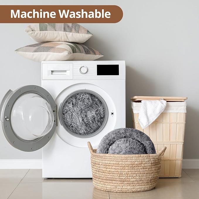 JOLLYVOGUE Calming Small Dog & Cat Bed for Indoor Cats - 20 inches Washable Donut Bed for Kittens & Puppies, Anti-Anxiety Round Fluffy Plush Pet Beds (Fits up to 15 lbs, Smoke Black)