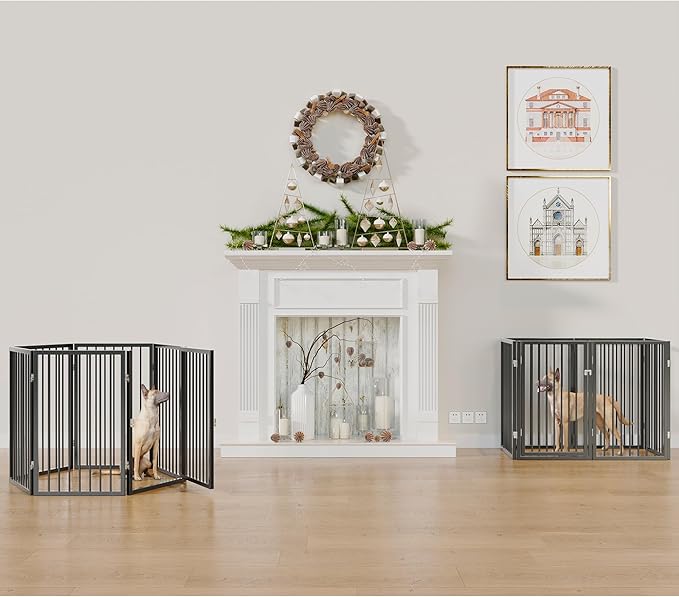 Vantas Folding No-Assembly Metal Pet Gate 120" Wide, 32" Extra Tall Dog Gate with Door Walk Through, Freestanding Accordion Puppy Gate Dog Door for Indoor & Outdoor, with 2PCS Support - Black