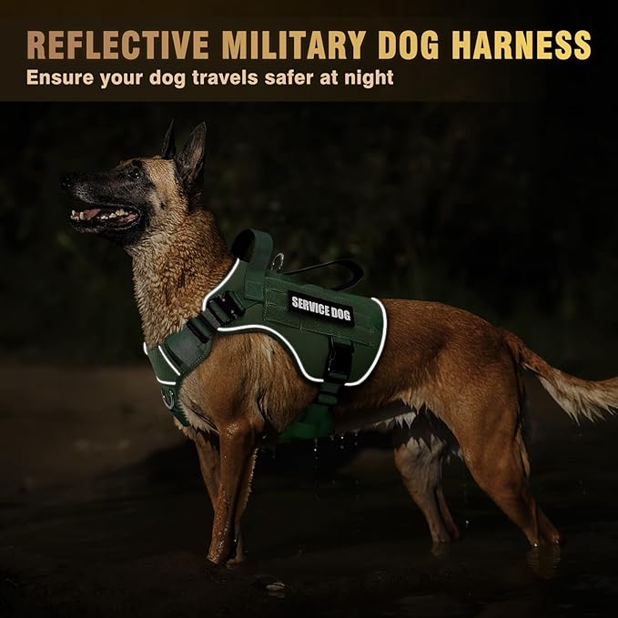 WINSEE Tactical Dog Harness for Large Dog, Heavy Duty Service Dog MOLLE Vest with 10 Pet Patches, No Pull Military Working Vest for Training Hunting Walking