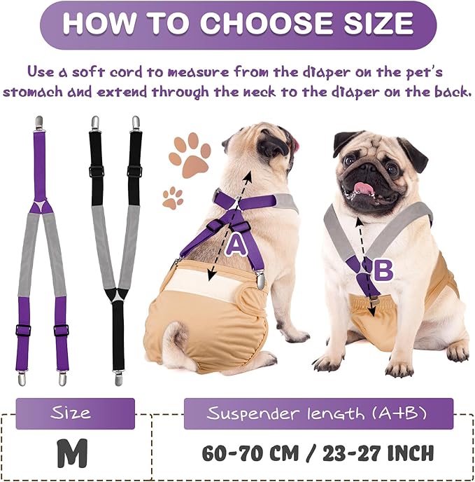 Saintrygo 2 Pcs Dog Suspenders for Diapers Female Male Belly Bands Canine Harness Keep Diaper on Your Pet for Small Medium and Large Dogs (Black,Purple,Medium)