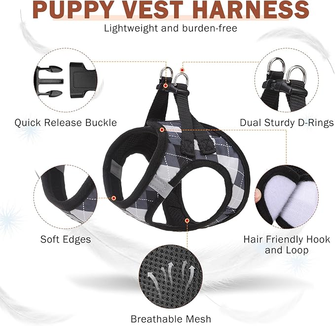 SCENEREAL Small Dog Harness and Leash Collar Set, Step in No Pull Soft Mesh Dog Harnesses for Small Medium Sized Dogs Puppy and Cats Outdoor Walking, No Chock Reflective Vest Harness, Black Plaid M
