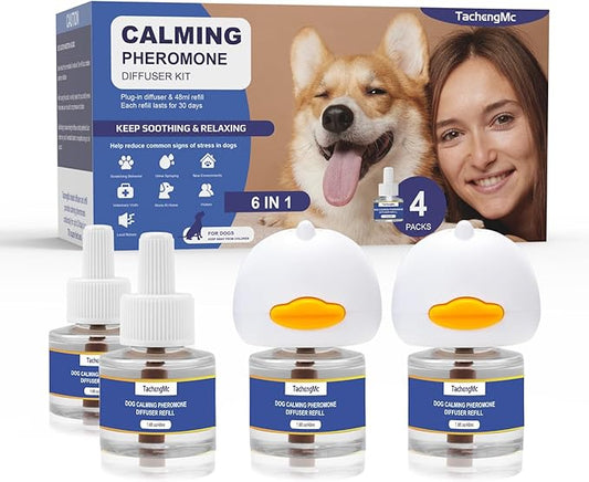 Dog Calming Pheromones Diffuser, 6 in 1 Kit Appeasing Pheromone Diffuser to Calm Dogs, Dog Anxiety Relief Lasting 120 Days with 2 Diffuser + 4 48ml Refill