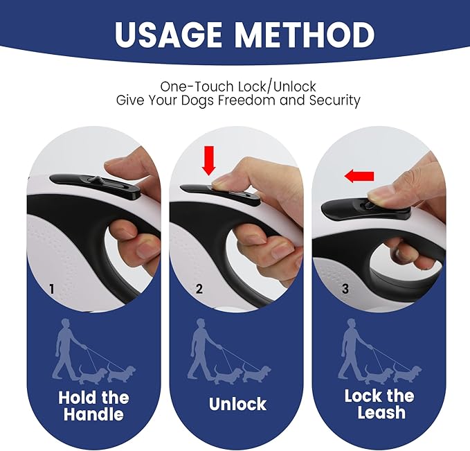 Dual Retractable Dog Leash for 2 Medium Dogs (Up to 66LBS Each) - Double Headed Pet Leash with Poop Bags and LED Light, One Button Brake & Lock, 360 Tangle-Free (Blue, Medium)