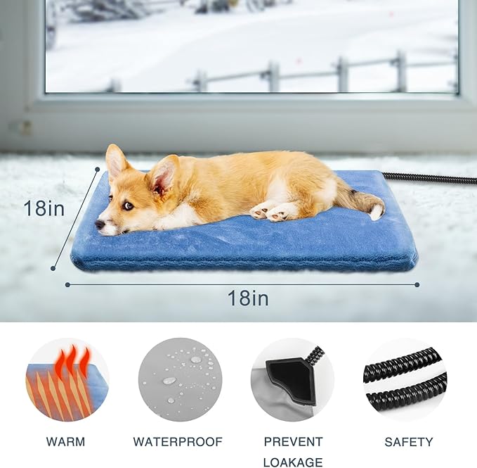 Pet Heating Pad for Cats & Dogs - Indoor/Outdoor Warming Pad, Waterproof & Chew Resistant, Perfect for Puppy & Kitten - 18 * 18inch Blue