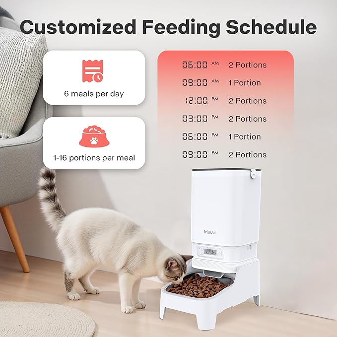 Automatic Cat Feeder, Elevated Automatic Dog Feeder, 7L Cat Food Dispenser, No-Jam, Up to 6 Meals for 2-15 mm Dry Food, Stainless Steel Bowl, No Spinal Pressure, Easy to Clean