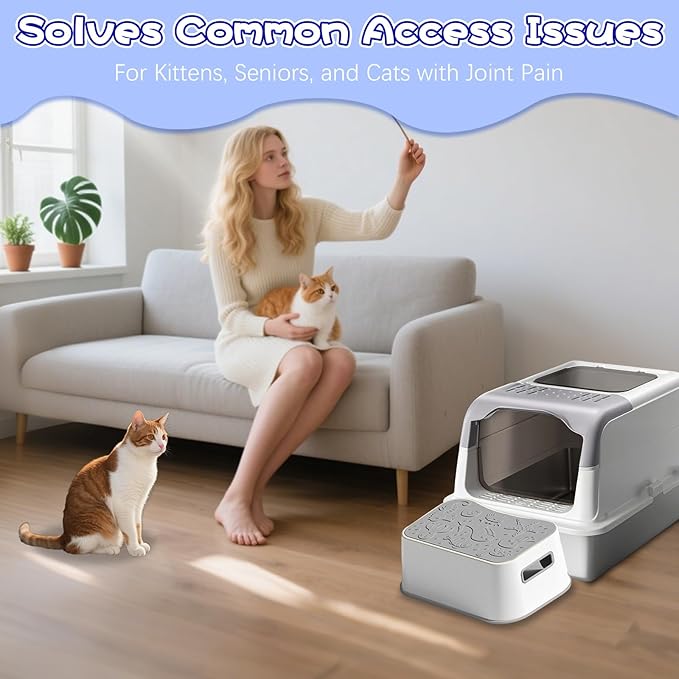 SpaceTime Elevated Cat Litter Mat for Litter Box,Trapping Litter Ramp/Steps for Floor Indoor,Washable Easy Cleaning Cat Pad with Filter Function,Suitable for Kitty & Senior Cats (Grey-Stool Shape)