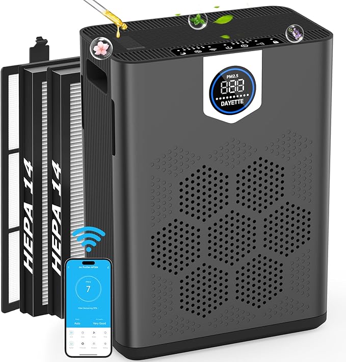 DAYETTE Smart Air Purifiers for Home Large Room with Fragrance, H14 Air Purifier with Washable Filters Up to 3000 Ft², APP & Voice Control & 22 dB Sleep Mode for Bedroom Living Room, Black