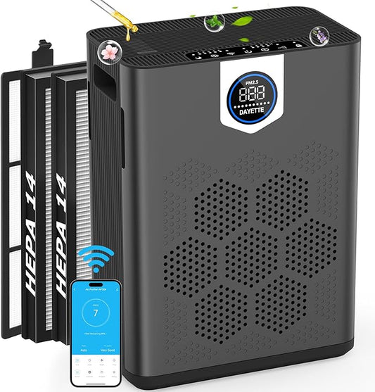 DAYETTE Smart Air Purifiers for Home Large Room with Fragrance, H14 Air Purifier with Washable Filters Up to 3000 Ft², APP & Voice Control & 22 dB Sleep Mode for Bedroom Living Room, Black