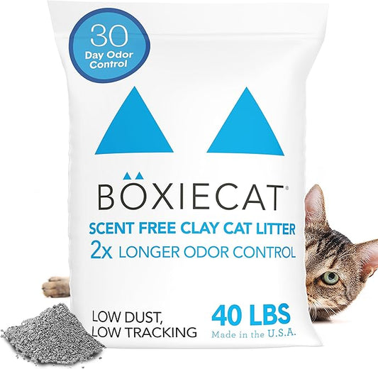 Boxie Unscented 30 Day Odor Control Clumping Clay Cat & Kitty Litter 40 lb, 99.9% Dust-Free, Hard Flat Top Clumps, No Fragrances No Fillers, Long-Lasting, Easy to Scoop