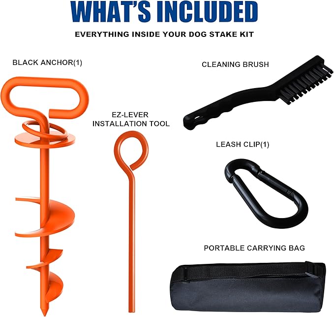 Eurmax USA Dog Tie Out Stake Triple Lock Heavy Duty Dog Anchor for Large Dogs Trampoline Stakes Dog for Yard and Outdoor Dog Runner Install & Travel Kit Included,1-Pack(Orange)