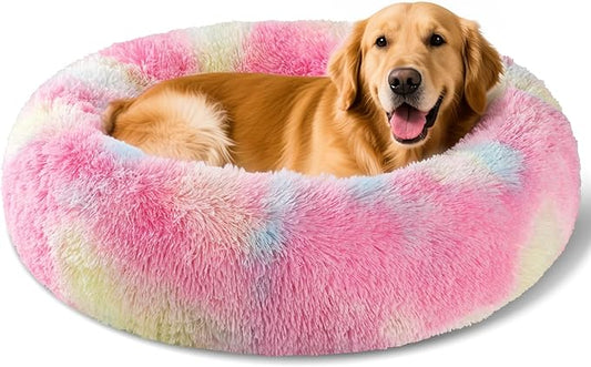 Dog Calming Beds for Small Medium Large Dogs - Round Donut Washable Puppy Dog Bed, Anti-Slip Faux Fur Fluffy Donut Cuddle Anxiety Cat Pet Bed(36'' Color)