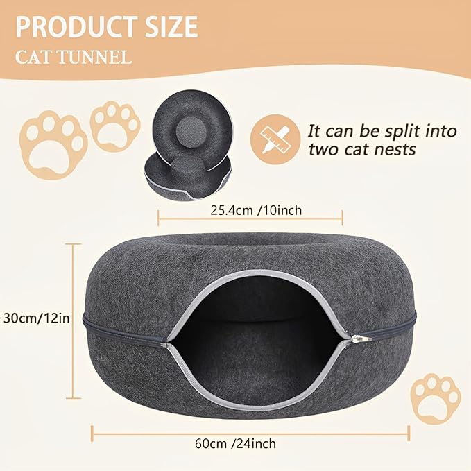 24inch-Tunnel Bed for Indoor,cattasaurus Peekaboo cat cave for Multiple,Detachable Felt Felt Washable Interior for Indoor Cats,Donut Tunnel (Dark Grey)