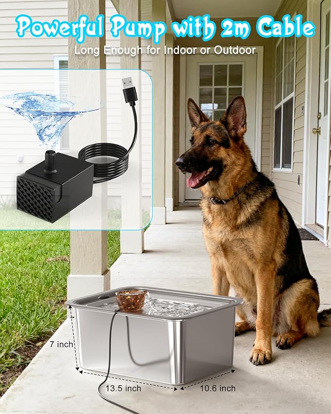 Stainless Steel Dog Water Fountain: 3-Gal Large Capacity, Ultra Quiet with Filter for Fresh Flow Water | Perfect for Large Breed Dogs& Multi-Pet Homes, 2m Long Power Cord for Indoor and Outdoor Use