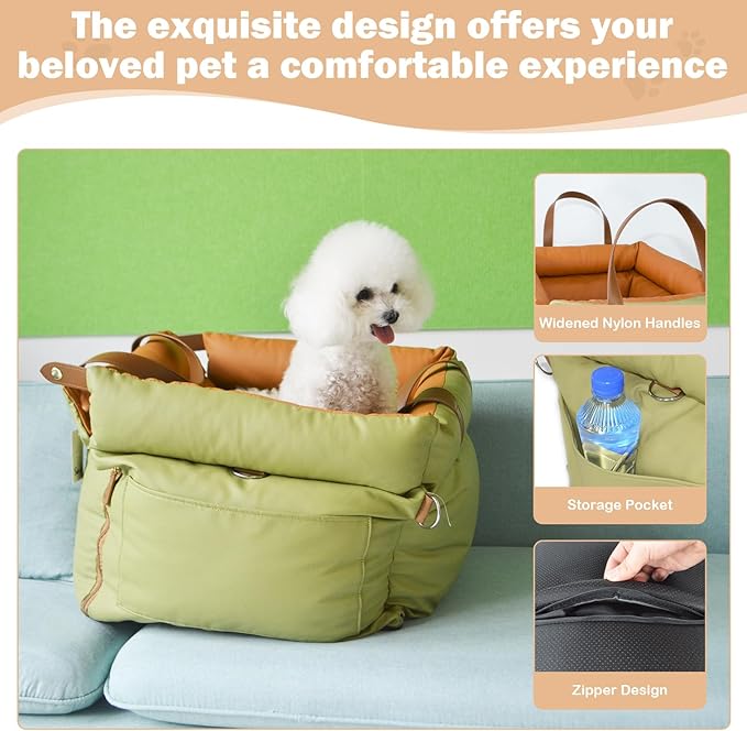 Dog Car Seat for Large Dogs, Large Leather Dog Car Bed with Storage Pocket, Waterproof PVC Leather Booster Seat Travel Bed for Front & Back Seat, Clip-On Safety Leash (Blue/Brown)