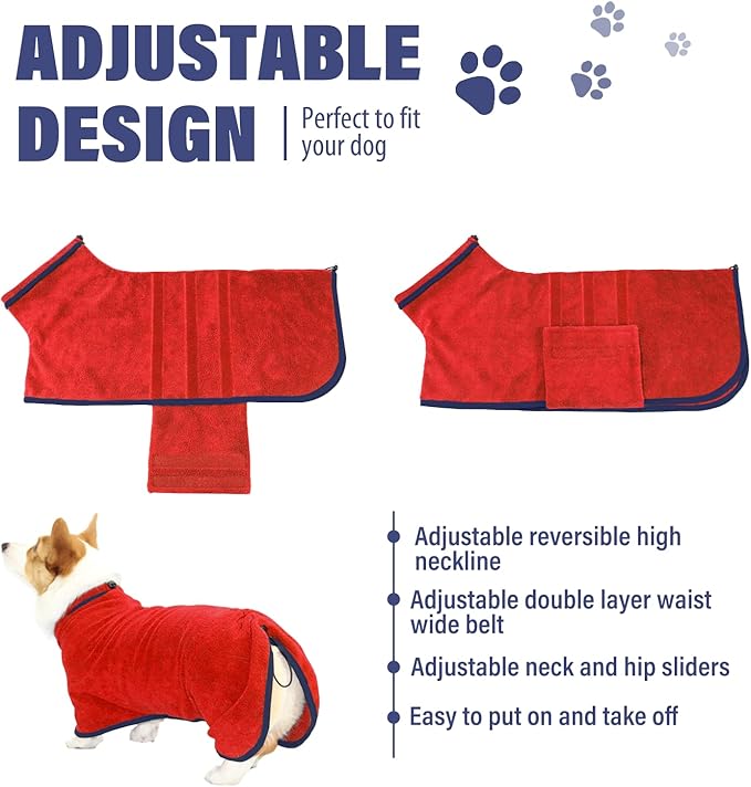 Dog Drying Coat - Fast Drying Dog Towel Robe - Microfiber Super Absorbent Pet Bathrobe, Adjustable Collar & Belly Strap Fast Drying Bath Robe Towel (Small, Red)
