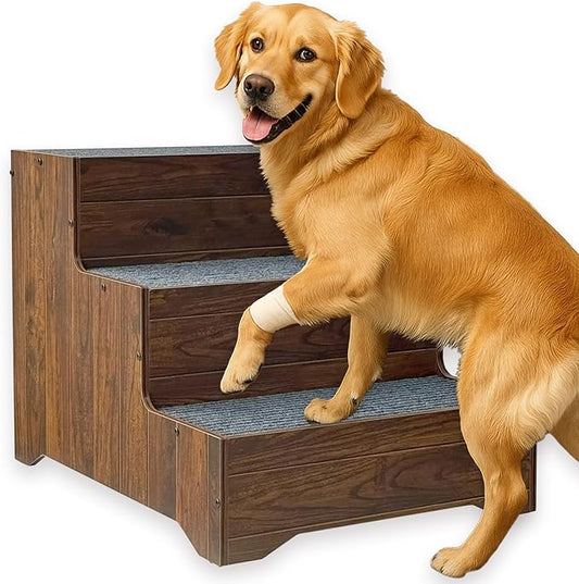 Furniture Dog Stairs for Large Dogs, Wooden Wide Pet Steps, Non-Slip 3-Step Stable Dog Ladder for High Bed,Couch,Sofa – Upgraded Solid Stair for Senior, Injured, Recovering, Short-Legged Pets,Walnut