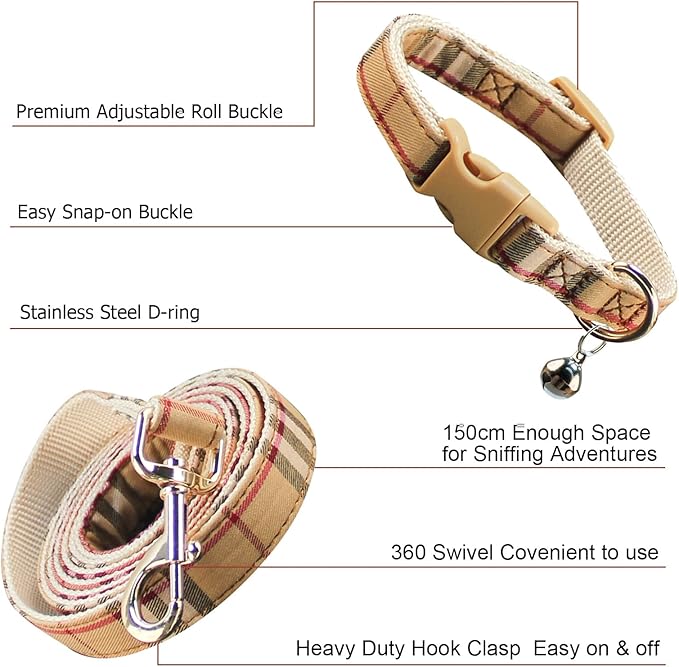 Cute Plaid Dog Collar Harness and Leash with Safety Buckle - Adjustable and No Pull Comfortable Dog Collars for Small Puppy, Stylish Durable Gift for Boy Girl Pets