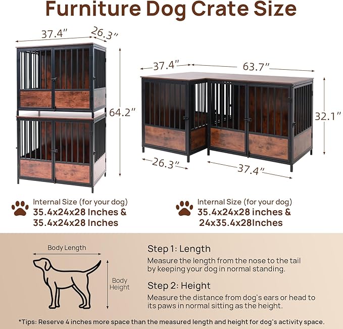 75" Wooden Dog Crate Furniture – Chew-Resistant Kennel for Medium/Large Breeds,3-Door Indoor Kennel with 3.1" Raised Feet, Multi-Functional TV Stand & End Table (Brown, 75 * 26.3 * 32.1 inch)