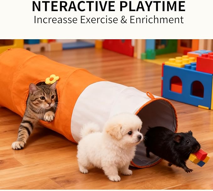 Large Cat Tunnels for Indoor Cats, Durable & Collapsible Play Tubes and Tunnels with Crinkle Sound & Balls for Adult Cats & Kittens (Orange)