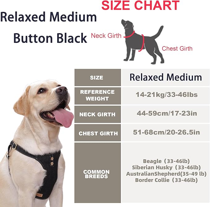Dog Harness, No Pull Dogs Harness and Multi-Function Leash Set for Medium Dogs Easy Walk Everyday Adjustable Soft Dog Vest Harness Fashionable Dog Accessories Black-Button-Relaxed Medium