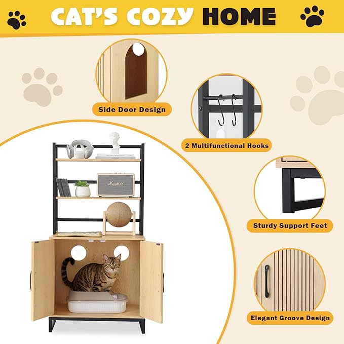 Cat Litter Box Enclosure with 2 Storage Shelves, 2-in-1 Large Hidden Wooden Pet House Furniture with Scratching Mat/Feeding Station/House Condo, Cat Cabinet with Barn Door for Entrance (Shelves)