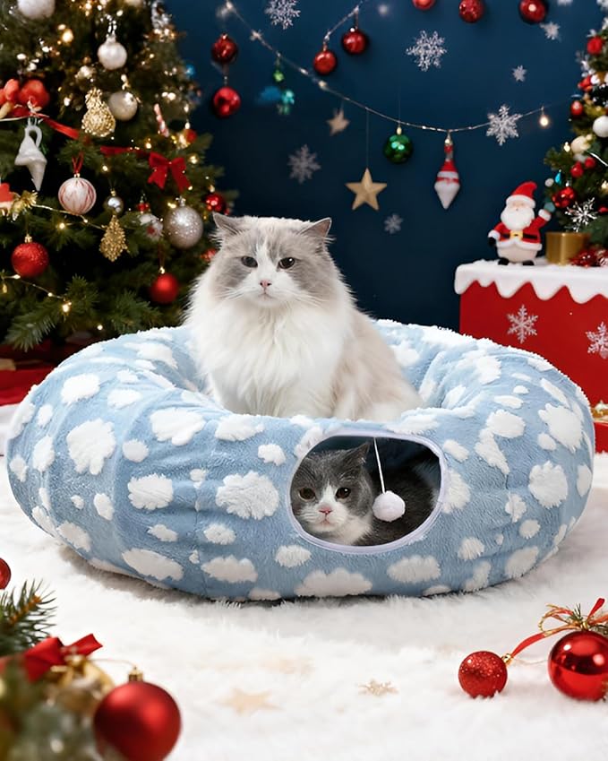 Grelife Cat Tunnel Bed for Indoor Cats, Cat Tunnel Christmas Tree Skirt with Washable Soft Plush, Cat Donut Tunnel Toys with Non-Slip Base, Perfect for Cats, Kittens, Small Pets(33.53")