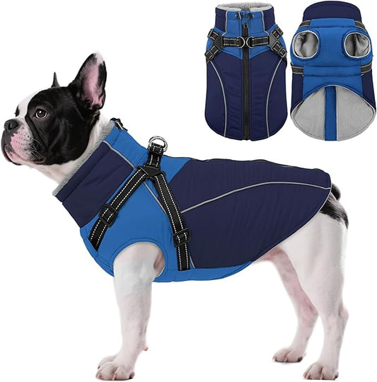 ASENKU Reflective Dog Coat with Built-in Harness, Windproof Fleece-Lined Dog Jacket for Small, Medium, Large Dogs, Warm Winter Vest with Turtleneck & Zipper (Navyblue S)