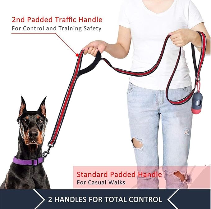 JSXD 5 FT Heavy Duty Double Handle Dog Leash with Comfortable Padded and Reflective Rope, Suitable for Small, Medium, Large Dogs (Wide-Red)