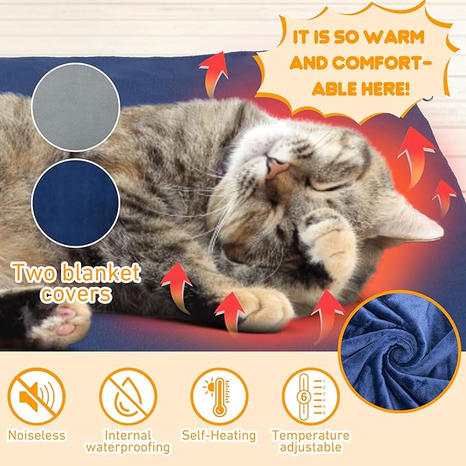 Cat Heating Pad Outdoor, Heated Cat Bed for Dogs, Indoor Warming Electric Pet Heating Pad with Chew Resistant Cord, Waterproof Heated Pet Mat with Adjustable Temperature & Time Kitten 18"*18"
