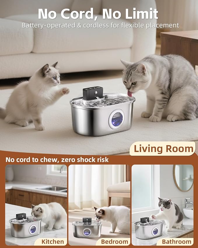 Cat Water Fountain Cordless, Stainless Steel Pet Water Fountain Wireless – 3.2L/108oz Battery Operated Automatic Water Dispenser for Cats Indoor, with Motion Sensor & Quiet Pump (1 Filter Sponge)