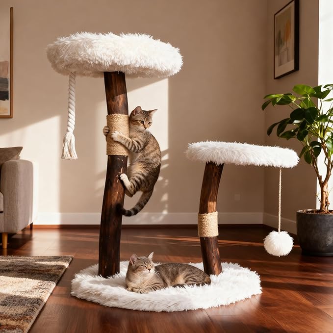 Modern Cat Tree Tower for Indoor Cats, Natural Solid Wooden Branch with Sisal Scratching Post, Log Hardwood for Char-Grilling, Style Cat Furniture with Perches Platform & Toy Ball