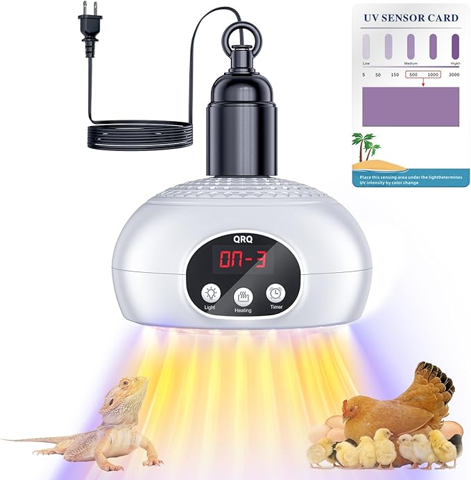 QRQ Chicken Coop Heater, 200W-350W-500W Reptile Heat Lamp Upgraded with UVA UVB Light 3-6-9-12H Timer, Chicken House Dog House Greenhouse Heater Outdoor,for Dog Cats Reptile Bird (White)