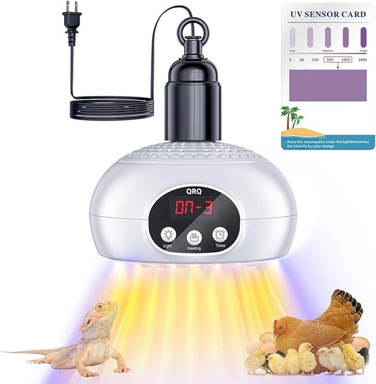 QRQ Chicken Coop Heater, 200W-350W-500W Reptile Heat Lamp Upgraded with UVA UVB Light 3-6-9-12H Timer, Chicken House Dog House Greenhouse Heater Outdoor,for Dog Cats Reptile Bird (White)