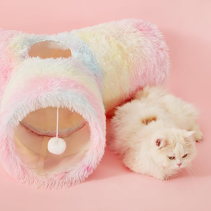 Tempcore Plush Pet Cat Tunnel Tube Cat Toys 3 Way Collapsible, Tunnels for Indoor Cats，Kitty Tunnel Bored Pet Toys Peek Hole Ball Puppy, Kitty, Kitten, Rabbit Rainbow