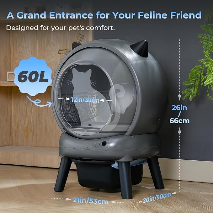 Self Cleaning Litter Box for Cats, Automatic Cat Litter Box with Smart APP Control and Health Monitoring, Includes 2 Roll Trash Bag & Litter Mat, Grey