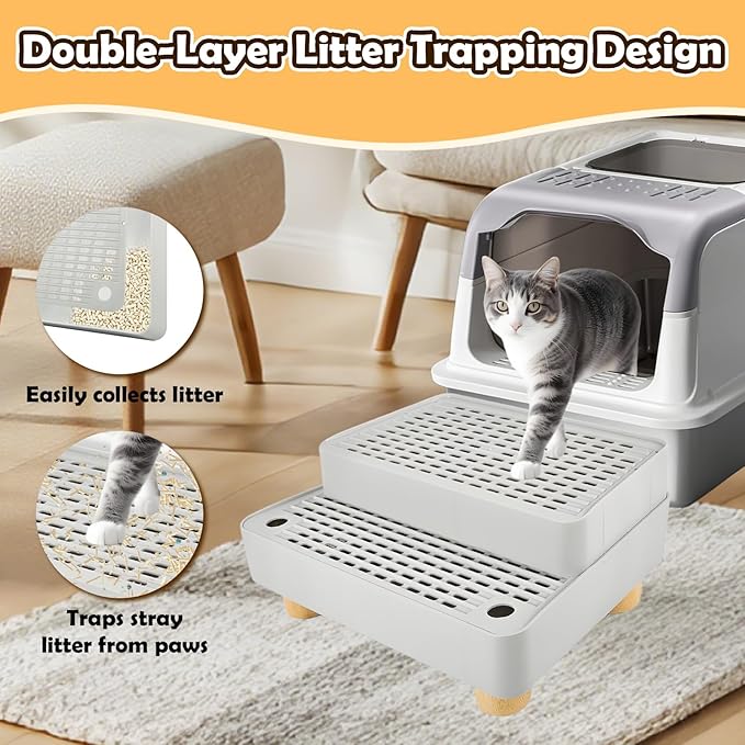 SpaceTime Elevated Cat Litter Trapping Mat for Litter Box,Detachable Cat Step/Ramp/Catcher with Wooden Base,Height-Adjustable Kitty Litter Pad for Floor & Indoor Cats,Non-Slip,Easy to Clean (Grey)
