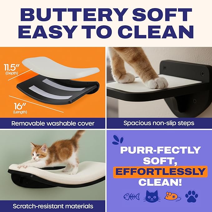 Cat Wall Shelves, Black Finish – Floating Cat Furniture with Curved Bed & Steps | Modern Minimalist Wood Climbing Shelves Set of 4 for Indoor Cats, Sturdy Wall-Mounted Design