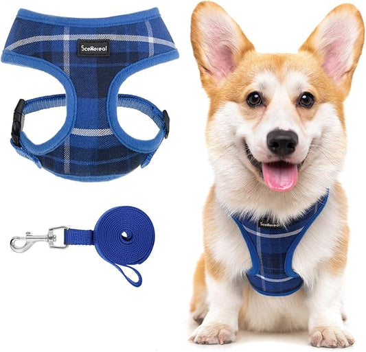 SCENEREAL Puppy Dog Harness with Leash Set for Small Medium Sized Dogs, Soft Mesh Step in Pet Harnesses and Leash, No Chock Plaid Adjustable No Pull Vest for Dogs Cats, Chihuahua,Bulldog (Blue M)