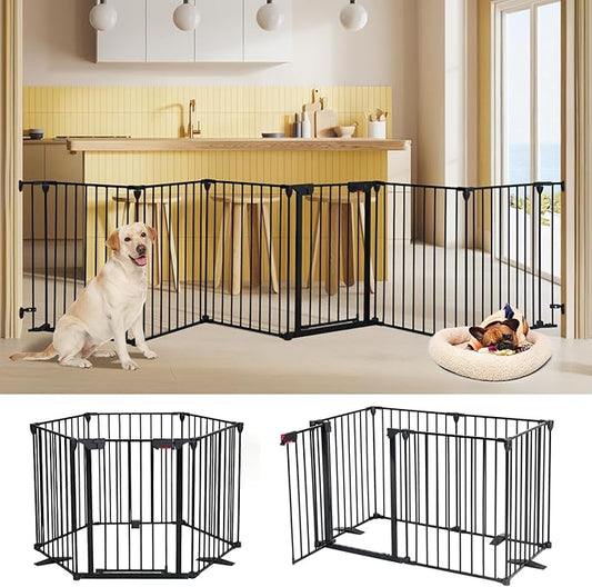 Freestanding Dog Gates with Door Walk Through, Extra Wide Doggy Door 150" W x 29" H Pet Gate Safty 6 Panels Dog Fence for Stairs, Doorways