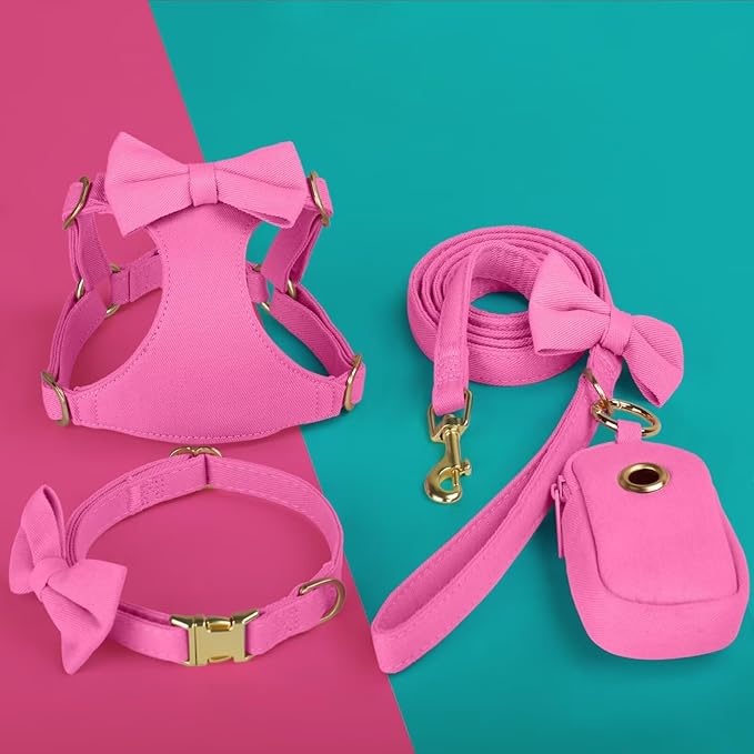 Beirui Adorable Small Dog Harness Collar and Leash Set,Cute Puppy Harness Set with 3 Bows for Small Dogs,Shih Tzu,Dachshund,Adjustable Step-in Vest for Walking,Parties&Holiday Outfits(Hot Pink,S)