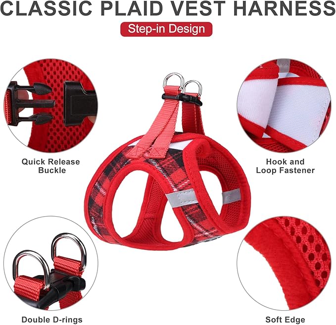 EXPAWLORER Classic Plaid Puppy Harness - Small Dog Harness and Leash Set - Dog Collar and Leash Set with AirTag Holder, Soft Padded Step in Dog Vest Harness No Pull Reflective for Outdoor, Red L