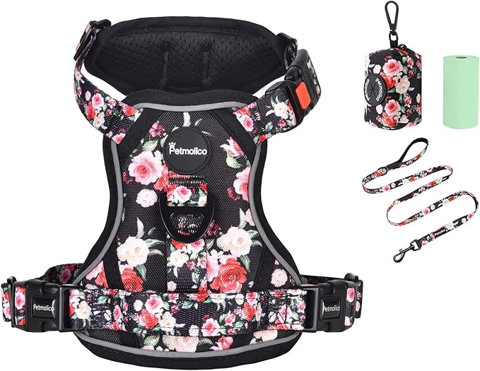 Petmolico No Pull Dog Harness Set with Leash Attachment Easy Control Handle Reflective Harness Vest Small Breed, Puppy Vest and Leash Set with Poop Bag Holder, Small - Red White Flower
